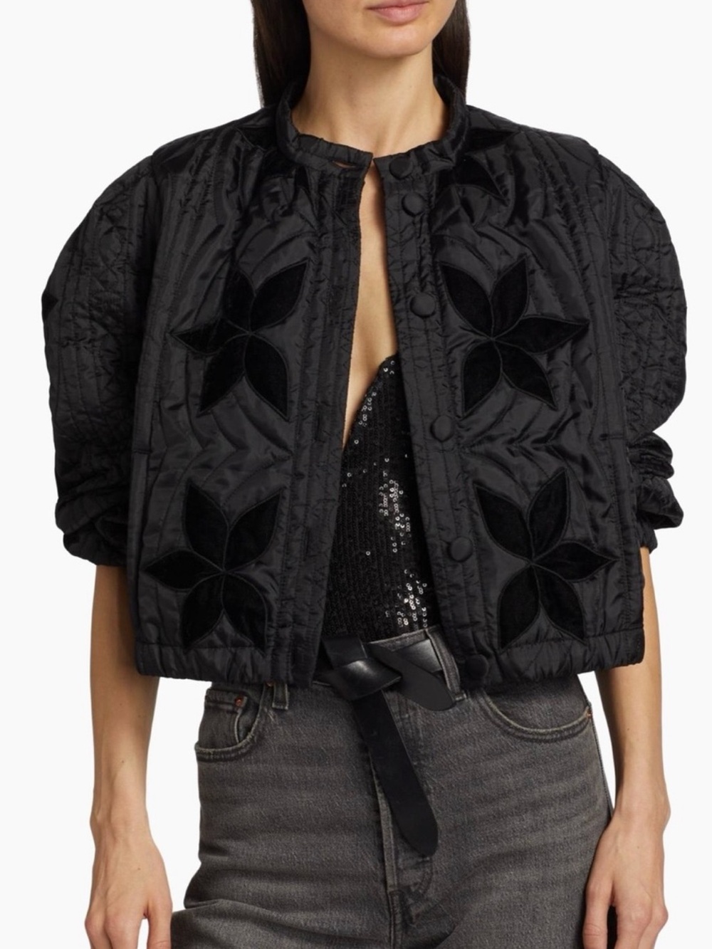Free People Black Quilted Cropped Bomber Jacket with Floral Appliqué
